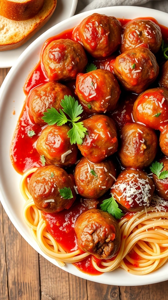 Juicy Italian meatballs in marinara sauce, garnished with parsley and Parmesan, served with spaghetti and garlic bread.
